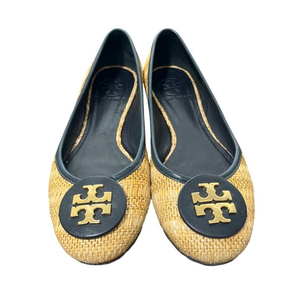 Tory Burch Reva Navy & Raffia Straw Woven Flats Logo Womens Size 7.5 - Picture 2 of 9